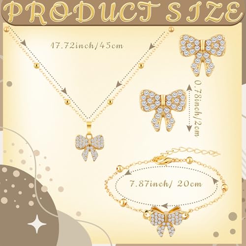 3 Pcs Heart Bow Snow Jewelry Set | Heart Necklace with Bracelet Earring, Snow Jewelry Set for Women, Bow Charms Toggle Gifts - color: Gold, style: Bow