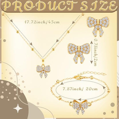 3 Pcs Heart Bow Snow Jewelry Set | Heart Necklace with Bracelet Earring, Snow Jewelry Set for Women, Bow Charms Toggle Gifts - color: Gold, style: Bow