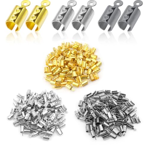 300 Pieces Fold Over Crimp Caps Stainless Steel Crimps Ends Fold Over Cord Ends Leather Ribbon Ending Clasp Tips Jewelry Connector for Bracelets Leather Jewelry Making(3 Colors) - color: gold, white k, gun black