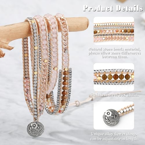 Boho 5 Wrap Bead Bracelet for Men Women - Handmade Adjustable Natural Chakras Stone Crystal Beaded Bracelets Cuff Rope Yoga Healing Bracelet Bangle Hippie Jewelry - color: Pink