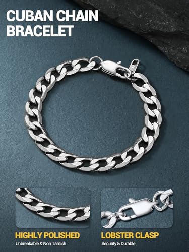 PROSTEEL Bracelets for Men, Figaro/Cuban Mens Bracelet, Silver/Gold/Black | 6/9/13mm Width, 7.5/8.3/9" Length, Stainless Steel Mens Bracelet, Durable & Non Tarnish, Chunky Jewelry with Gift Box - style: F 9mm-Cuban-Silver