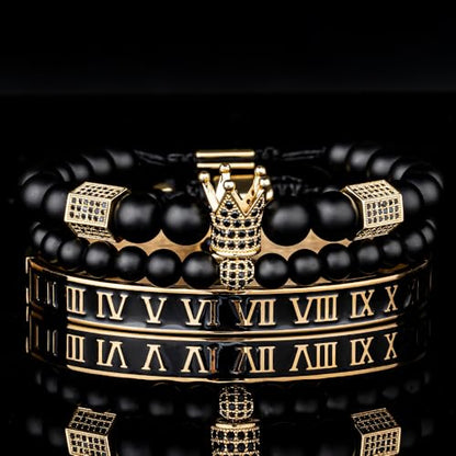 3pcs/set Classical Handmade Braiding Bracelet Hip Hop Men Pave CZ Leopard Head Roman Numeral Bracelet Stainless Steel Jewelry - color: 3pcs D Black golden