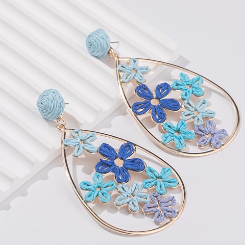 Boho Raffia Flower Teardrop Earrings Cute Colorful Dangle Trendy Jewelry | Floral Drop Statement Big Dangling Earring Hypoallergenic Gold Fun Unique Summer Spring Beach Vacation Outfits for Women - color: Blue
