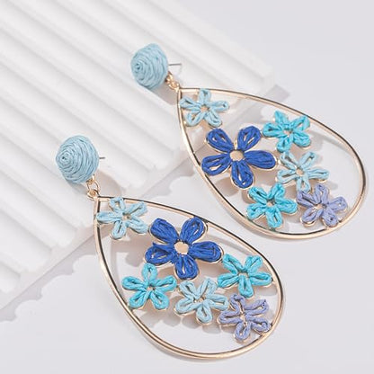 Boho Raffia Flower Teardrop Earrings Cute Colorful Dangle Trendy Jewelry | Floral Drop Statement Big Dangling Earring Hypoallergenic Gold Fun Unique Summer Spring Beach Vacation Outfits for Women - color: Blue