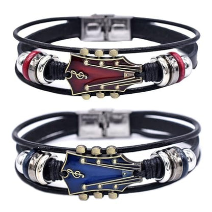 Angyape Retro Faux Leather Guitar Bracelet, Zinc Alloy Rock Music Guitar Leather Bracelet Punk Handmade Braided Multi-Layer Wrap Guitar Shape Decorative Cuff Bracelet Musical Enthusiast Gift - color: Red&Blue