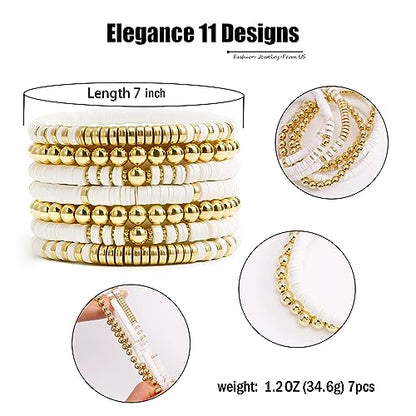 Elegance 11 designs Heishi Beaded Bracelets For Women Polymer Clay Colorful Surfer Stackable Beads Boho Bracelet Summer Beach Jewelry - color: White