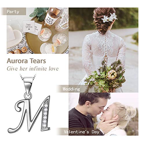 Aurora Tears Letter Necklace Initial 925 Sterling Silver Alphabet Pendant Crystal Name Gift Women Cubic Zirconia Jewelry - color: M