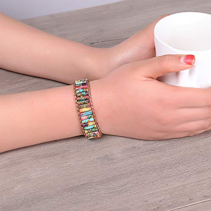 Plumiss Women Boho Handmade Natural Stone Crystal Leather Bead Wrap Bracelets Collection - style: Colorful Jasper 1W