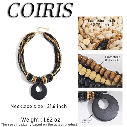Coiris Chunky Necklaces for Women Statement Wooden Beaded Funky Boho Circle Pendant Necklace Jewellery Gift for Women - color: Black