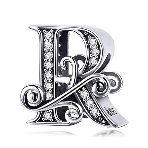 BISAER 925 Sterling Silver Initial Letter A-Z Charms for Bracelets Alphabet Beads Charm Jewelry Gifts - color: Letter R