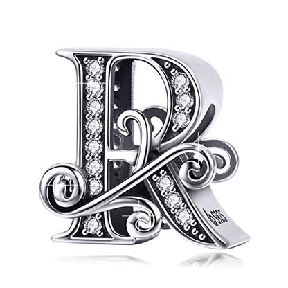 BISAER 925 Sterling Silver Initial Letter A-Z Charms for Bracelets Alphabet Beads Charm Jewelry Gifts - color: Letter R