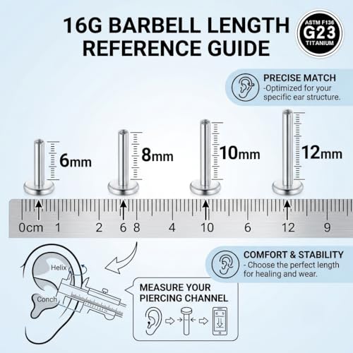 DJCIW G23 Titanium 18G Internally Threaded Flat Back Labret Post Only, 6-12mm Replacement Piercing Shaft for Helix Tragus Nose Lip - color: silver