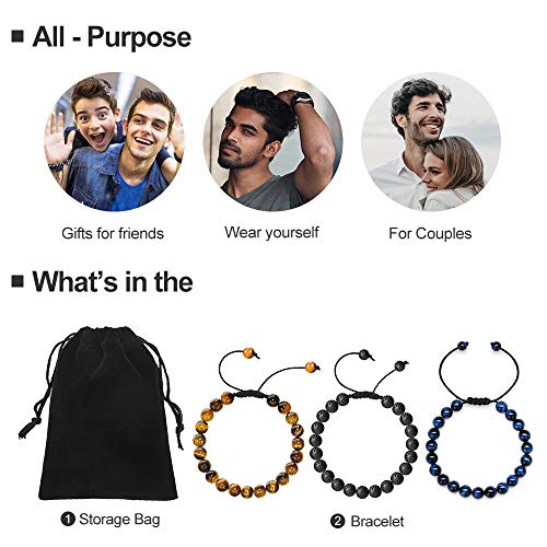 M MOOHAM Mens Bracelet - Beaded Natural Stone 8mm Tiger Eye Matte Agate Lava Rock Bracelets for Men Teen Boys Grandpa Dad Birthday Gifts Jewelry - style: 3 Pcs Tiger Eye&Lava Rock