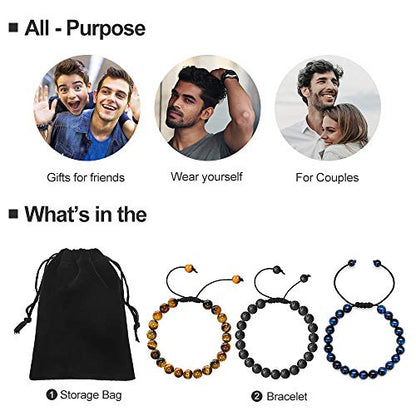 M MOOHAM Mens Bracelet - Beaded Natural Stone 8mm Tiger Eye Matte Agate Lava Rock Bracelets for Men Teen Boys Grandpa Dad Birthday Gifts Jewelry - style: 3 Pcs Tiger Eye&Lava Rock