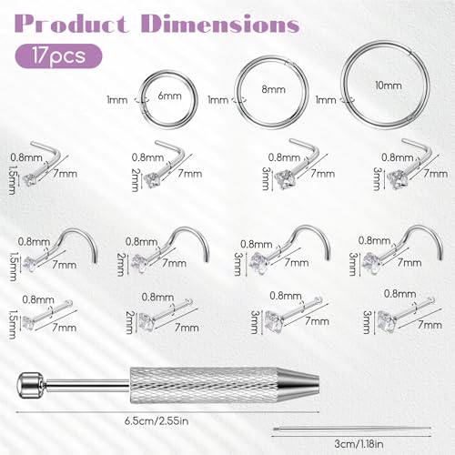17PCS 18/20G Nose Stud Set, Spiral and L-Shaped Nostril Piercing Jewelry, Anti-Sensitive Stainless Steel Hoop Nose Ring for Auricle Ear Cartilage Tragu Earring Lip Noses, Suitable for Women Men