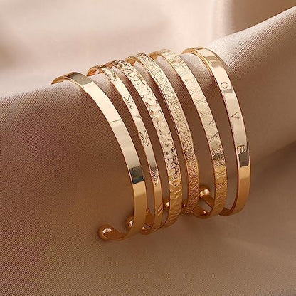 Golden Bangle Bracelets Set for Women, 14k Gold-Plated Multi Layer Stackable Cuff Bracelets, Personalized Boho Non Tarnish Adjustable Bangle Jewelry Gift for Her - color: 6PCS Love