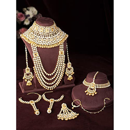 Aheli Traditional Wedding Indian Bharatanatyam jewellery set Long Choker Necklace Earrings Maang Tikka Nath Paasa Hath Phool for Women - color: Champagne