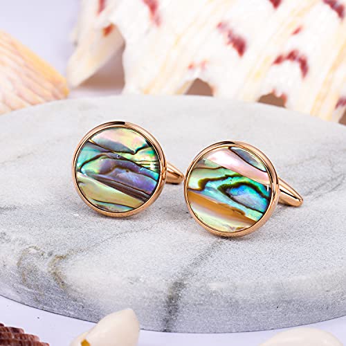 HAWSON Cufflinks and Tuxedo Studs Set for Men with Gift Box, Mother-of-Pearl Cuff links for French Cuff Shirt and Dress Shirt, Suitable for Wedding, Birthday, Party - style: Rose Gold & Abalone Shell