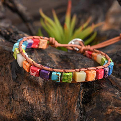 YGLINE Boho Handmade Wrap Leather Tube Crystal Stone Bracelet for Women - color: Chakra Cube