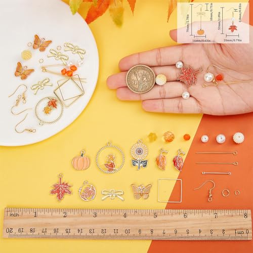 SUNNYCLUE 1 Box 144Pcs DIY 10 Pairs Thanksgiving Charms Earring Making Starter Kit Enamel Maple Leaf Charm Pumpkin Sunflower Fall Autumn Pendants Imitation Pearl Beads for Jewelry Making Kits