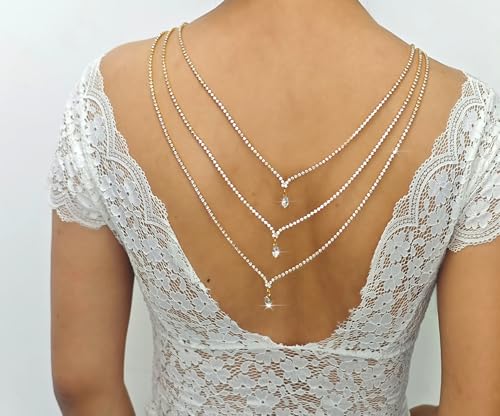 Rhinestone Layers Back Necklace Chains for Backless Dress Shinny Bridal Wedding Shoulder Body Jewelry for Women Back Body Chain - color: Gold