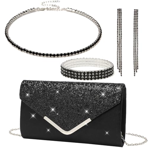 YYW 4 Pieces Women Evening Handbags Clutch Purse Bag with Rhinestone Crystal Jewelry Set for Wedding Party - color: Black-925822