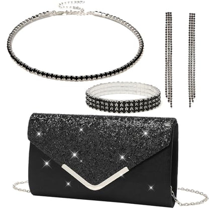YYW 4 Pieces Women Evening Handbags Clutch Purse Bag with Rhinestone Crystal Jewelry Set for Wedding Party - color: Black-925822