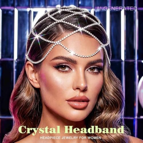 Rhinestone Head Chain 1920s Mesh Flapper Headpiece for Women | 20s Cap Roaring Hair Accessories,Bling Crystal Wedding Prom Head Jewelry