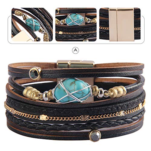 GelConnie Womens Leather Cuff Bracelet Feather Multi Strand Bracelet Wrap Bracelet Turquoise Boho Bangle Braided Leather Wristbands Bohemian Jewelry Gifts for Women Wife Sister - color: Black Leather Bracelet