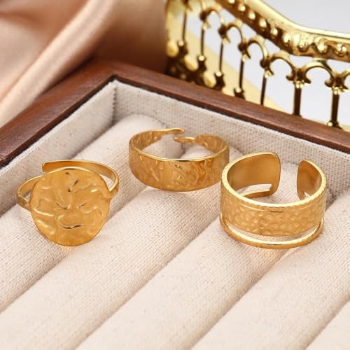 3Pcs Gold Chunky Hammered Geometric Open Ring Set for Women,Boho Retro Textured Stackable Band Statement Rings Modern Minimalist Jewelry Gifts - color: Golden