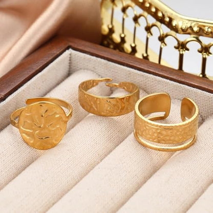 3Pcs Gold Chunky Hammered Geometric Open Ring Set for Women,Boho Retro Textured Stackable Band Statement Rings Modern Minimalist Jewelry Gifts - color: Golden