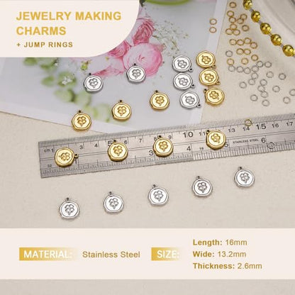 2 Colors Round Stainless Steel Charm for Jewelry Making 20pcs Lucky Clover Charms Bulk with Jump Rings - color: Clover Gold Silver