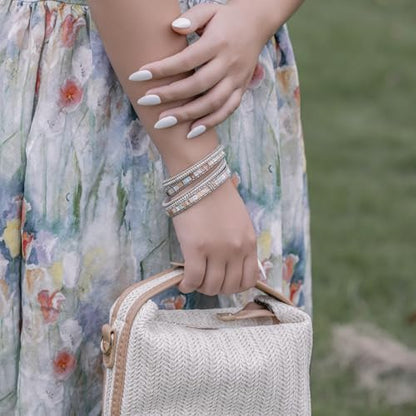 Boho Double Wrap Leather Bracelets Stackable Layered Western Hippie Jewelry | Colorful Stacked Bohemian Statement Chunky Magnetic Clasp Cuff Bangles Cowgirl Country Summer Beach Outfits for Women Trendy - color: Beige