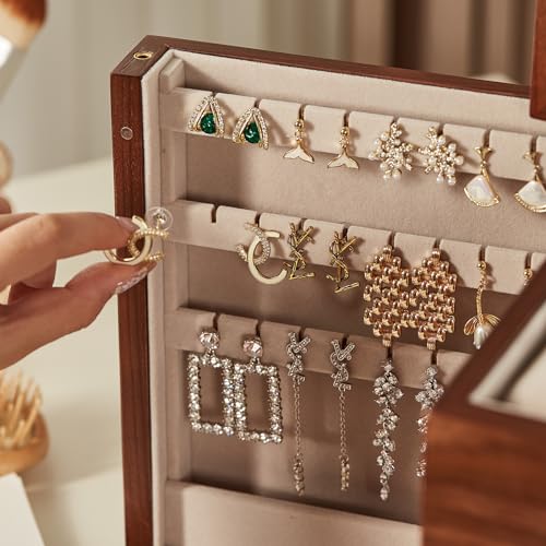 Black Walnut Wooden Jewelry Box, Wood Jewelry Organizer with 2 Side Doors Mirror Lockable Classical for Watch Necklace Ring Earring, Gift for Women-4 Layer with Curved Ring Grooves - style: 4 Layer (Top & Side Lock)