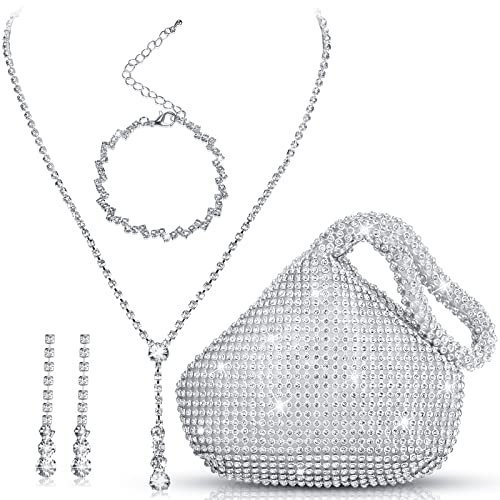 4 Pcs Silver Clutch Purse Jewelry Set for Women Rave Accessories Evening Rhinestone Purse Silver for Bride Wedding - style: Stylish Style
