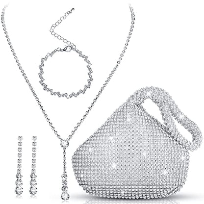 4 Pcs Silver Clutch Purse Jewelry Set for Women Rave Accessories Evening Rhinestone Purse Silver for Bride Wedding - style: Stylish Style
