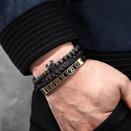 WFYOU 3PCS Stainless Steel Imperial Crown Bracelets for Men Gold Roman Numeral Bangle Bracelet Adjustable Cuff Bracelet Mens Luxury Jewelry Gifts - style: 02:Black-Roman Numeral