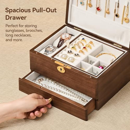 Black Walnut Wooden Lockable Jewelry Box, 3 Layer Organizer for Women | Solid Wood, Drawer, Removable Tray, Lock Key, Necklace Ring Earrings Watch Bracelet Case, Handcrafted, Gifts for Mom, Wome - color: 3 Layer Full Lock