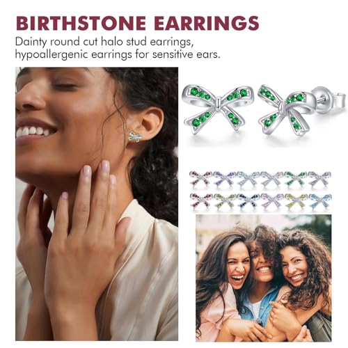 925 Sterling Silver Birthstone Bow Stud Earrings for Girls Women Bow Jewelry Birthday Gifts for Teens Kids Girls Bowknot Stud Earrings - color: 05.May
