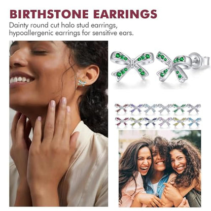 925 Sterling Silver Birthstone Bow Stud Earrings for Girls Women Bow Jewelry Birthday Gifts for Teens Kids Girls Bowknot Stud Earrings - color: 05.May