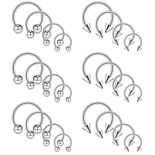 Ruifan 8-24PCS 14G Surgical Steel Nose Septum Horseshoe Hoop Earring Eyebrow Tragus Lip Piercing Ring Balls & Spikes 8-14mm - color: 24PCS - Silver