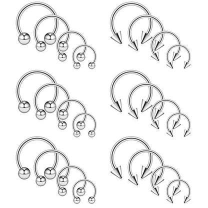Ruifan 8-24PCS 14G Surgical Steel Nose Septum Horseshoe Hoop Earring Eyebrow Tragus Lip Piercing Ring Balls & Spikes 8-14mm - color: 24PCS - Silver