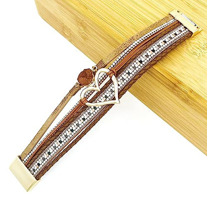 Womens Love Heart Leather Wrap Bracelet Multi-layer Stacked Bangle | Magnetic Clasp Soft PU Leather Resin Stone Rhinestone Boho Style Birthday Valentine Christmas Bohemian Jewelry Gift - color: Brown
