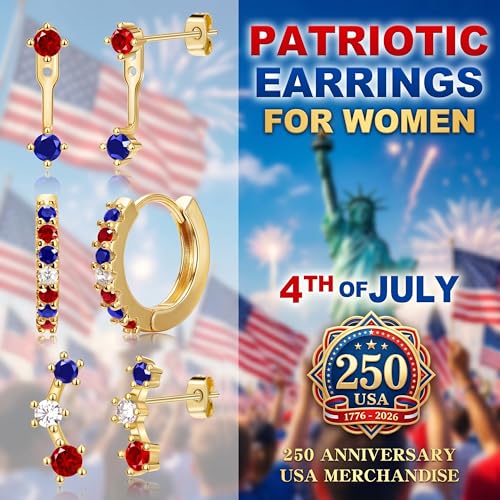 3 Pairs Dainty Small Earrings Set for Women Trendy, Birthstone Stud Huggie Hoop Jacket Stack for Cartilage Helix, Gold Plated Hypoallergenic Cute Women Fashion Accessories Western Jewelry Gifts - color: 4th of July earrings(Gold Red White Blue)