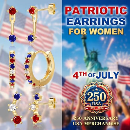 3 Pairs Dainty Small Earrings Set for Women Trendy, Birthstone Stud Huggie Hoop Jacket Stack for Cartilage Helix, Gold Plated Hypoallergenic Cute Women Fashion Accessories Western Jewelry Gifts - color: 4th of July earrings(Gold Red White Blue)