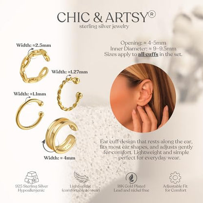 CHIC & ARTSY 925 Sterling Silver Ear Cuffs for Women, Non Piercing Clip On Cartilage Cuffs, Adjustable Fake Conch & Helix Earrings, Gold Plated & Oxidized Various Styles - color: ear cuff #2