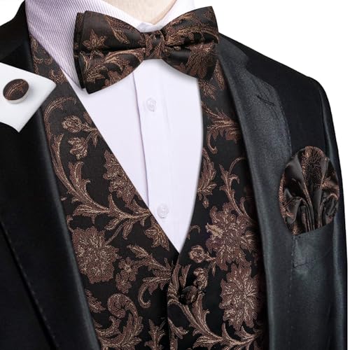 Hi-Tie Silk Mens Suit Vest Tie and Bowtie Lapel Pin Gold Tie Clip Paisley Floral Waistcoat 8PCS Set Tuxedo Wedding Party - color: Black and Brown, size: Small