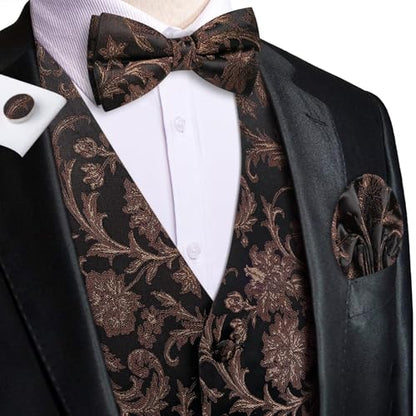 Hi-Tie Silk Mens Suit Vest Tie and Bowtie Lapel Pin Gold Tie Clip Paisley Floral Waistcoat 8PCS Set Tuxedo Wedding Party - color: Black and Brown, size: Small