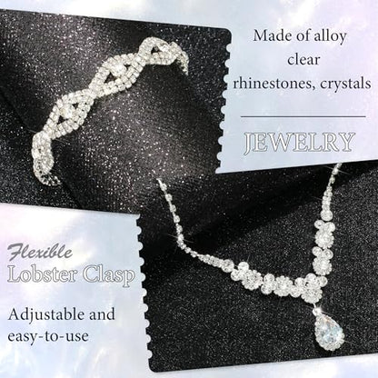 Rhinestone Jewelry Set Crystal Pearl Necklace Bracelet Earrings | Sparkly Necklace Dangle Earrings,Wedding Prom Formal Costume Jewelry Sets for Women - color: Silver1