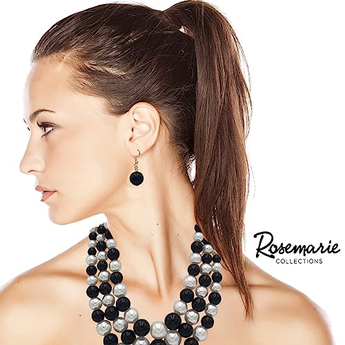 Rosemarie & Jubalee Women's 3 Colorful Multi Strands Simulated Pearl Necklace And Earrings Jewelry Gift Set, 18"+3" Extender - color: Black White Pearl Gold Tone